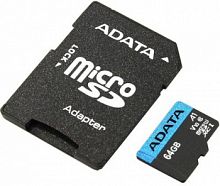 Карта памяти MicroSD  64GB  A-Data Class 10 Premier Pro A1 UHS-I (100 Mb/s) + SD адаптер (AUSDX64GUICL10A1-RA1)
