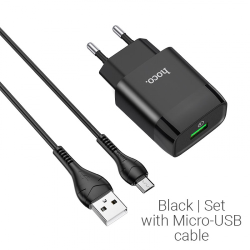 Блок питания сетевой 1 USB HOCO C72Q, Glorious, 3A, пластик, QC3.0, кабель микро USB, цвет: чёрный (1/30/180) (6931474732521)