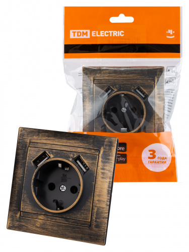 Розетка 2П+З 16А 250В + 2 USB порта 2,1А 5В старинная бронза с/у, "Лама" (1/96) TDM (SQ1815-0772) Розетка 2П+З 16А 250В + 2 USB порта 2,1А 5В старинная бронза с/у, "Лама" (1/96) TDM (SQ1815-0772)