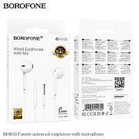 Наушники внутриканальные Borofone BM100 Fuente, пластик, микрофон, кабель Jack 3.5mm, 1.2м, цвет: белый (1/244) (6941991121722)