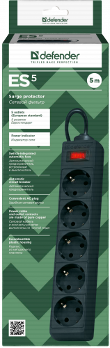 Сетевой фильтр DEFENDER ES, 5 розеток, ПВС 3*1,0 мм2, мощность 2200 Вт, ток 10А, чёрный, 5 м (1/35) (99486) фото 11