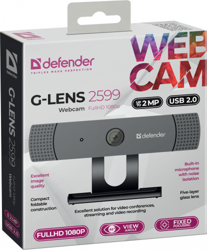 Веб-камера DEFENDER G-lens 2599 FullHD 1080p, 2МП, кабель 2м, черный (1/60) (63199) фото 7