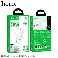 Блок питания сетевой 1 Type-C HOCO N60 Gentle, 3.0A, PD20Вт, цвет: белый (1/12/120) (6942007644181)