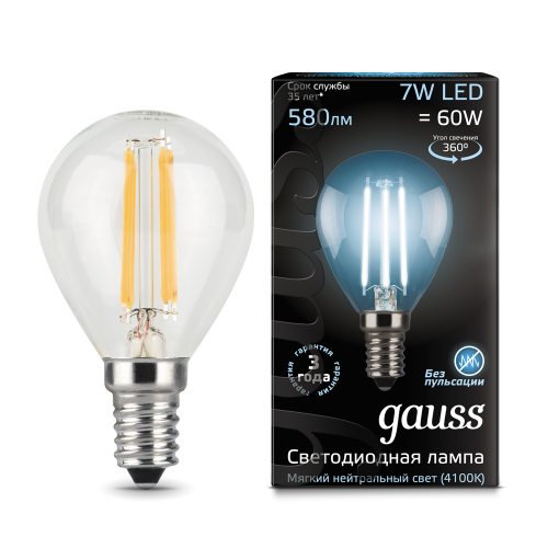 Лампа светодиодная GAUSS Filament Шар 7W 580lm 4100К Е14 1/10/50 (105801207)