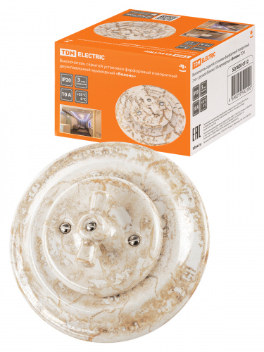 Выключатель скрытой установки фарфоровый поворотный 2-кл. с ручкой (бантик) 10А мраморный «Болонь» TDM (SQ1820-0112) Выключатель скрытой установки фарфоровый поворотный 2-кл. с ручкой (бантик) 10А мраморный «Болонь» TDM (SQ1820-0112)
