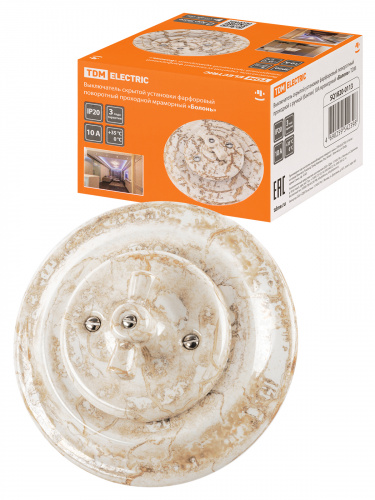 Выключатель скрытой установки фарфоровый поворотный проходной с ручкой (бантик) 10А мраморный «Болонь» TDM (SQ1820-0113)