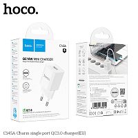 Блок питания сетевой 1 USB HOCO C145A Charm, 3.0A, PD18Вт, цвет: белый (1/30/180) (6942007630214)