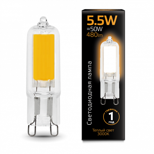 Лампа светодиодная GAUSS G9 AC220-240V 5.5W 480lm 3000K стекло 1/10/200 (107809105)