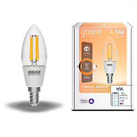 Лампа светодиодная GAUSS Smart Home, филамент, Wi-Fi и голосовое управление, програм-ние режимов, диммер, DIM E14 C35 4,5 Вт 1/10/40 (1230112)
