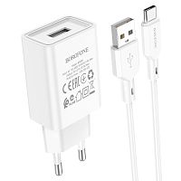 Блок питания сетевой 1 USB Borofone BA68A, Glacier, 2100mA, кабель Type-C, цвет: белый (1/60/240) (6974443385731)