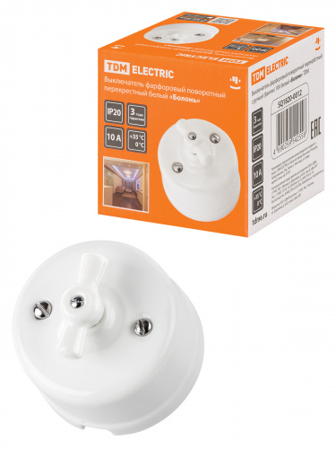 Выключатель фарфоровый поворотный перекрёстный с ручкой (бантик) 10А белый «Болонь» TDM (1/72) (SQ1820-0012) Выключатель фарфоровый поворотный перекрёстный с ручкой (бантик) 10А белый «Болонь» TDM (1/72) (SQ1820-0012)