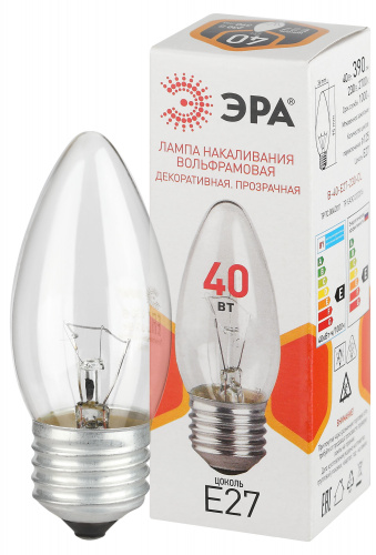 Лампа ЭРА накаливания B36 40Вт Е27 / E27 230В свечка прозрачная (1/100) (Б0066505)