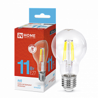 Лампа светодиодная IN HOME филамент A60 11Вт 230В Е27 6500К 1160Лм прозрачная (10/50) (4690612026169)