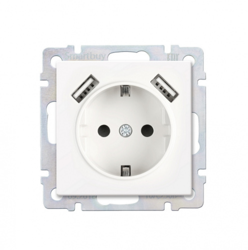 Розетка SMARTBUY скрытая установка, 1-местная с заземлением и 2-мя USB 16А белая "Нептун" (SBE-05w-16-S1-USB) (10/100)