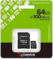 Карта памяти MicroSD  64GB  Kingston Class 10 Canvas Select Plus A1 U1 V10  (100 Mb/s) + SD адаптер (SDCS3/64GB)