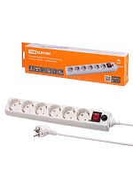 Сетевой фильтр TDM СФ-06В выключатель, 6 гнезд, 3 метра, с/з, ПВС 3х0,75мм2 10А/250В белый (1/20) (SQ1304-0020)