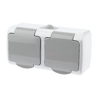 Розетка INTRO Atlantic 5-204-03 двойная с заземлением 2х2P+E Schuko шторки, 16А-250В, IP54, открытой установки, серый (1/5/60) (Б0051061)