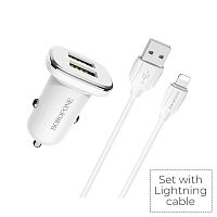 Блок питания автомобильный 2 USB Borofone BZ12, Lasting, 2400mA, пластик, кабель 8 pin, цвет: белый (1/44/176) (6931474708656)