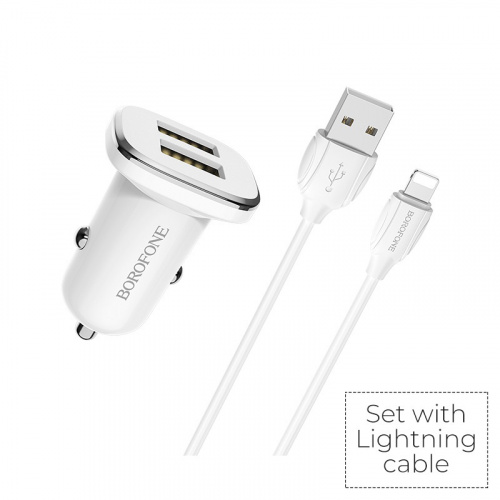 Блок питания автомобильный 2 USB Borofone BZ12, Lasting, 2400mA, пластик, кабель 8 pin, цвет: белый (1/44/176) (6931474708656)