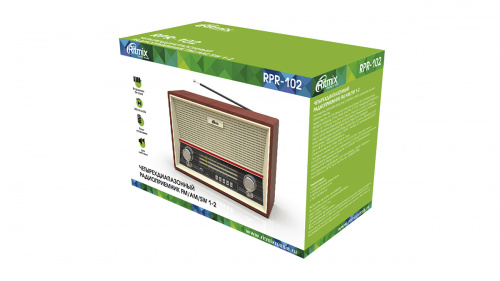 Радиоприёмник RITMIX RPR-102 WOOD, ФМ/КВ1/КВ2/СВ.раз науш.AUX вх,разUSB/microCD,дис.упр,2 динам,MP3,(1/6) (15119881) фото 2