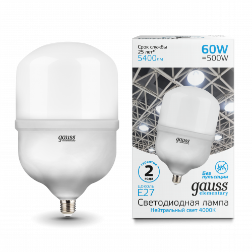 Лампа светодиодная GAUSS Elementary T160 60W 5400lm 4000K E27 1/6 (63226) Лампа светодиодная GAUSS Elementary T160 60W 5400lm 4000K E27 1/6 (63226)