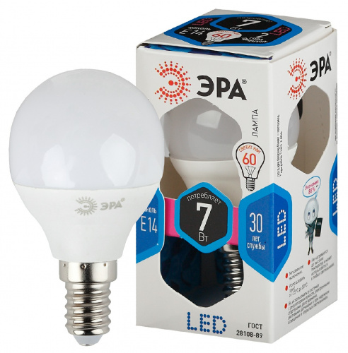 Лампа светодиодная ЭРА STD LED P45-7W-840-E14 E14 / Е14 7Вт шар нейтральный белый свет (1/100) (Б0020551) фото 6