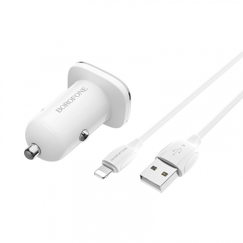 Блок питания автомобильный 2 USB Borofone BZ12, Lasting, 2400mA, пластик, кабель 8 pin, цвет: белый (1/44/176) (6931474708656) фото 3