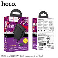 Блок питания сетевой 1 USB, 1 Type-C HOCO CS61A Bright, 3.0A, PD30Вт, кабель Type-C - 8 pin, цвет: чёрный (1/32/192) (6942007638432)