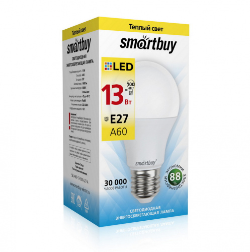 Лампа светодиодная SMARTBUY A60 13Вт 220V 3000K E27 (тёплый свет) (1/10/100) (SBL-A60-13-30K-E27-A)