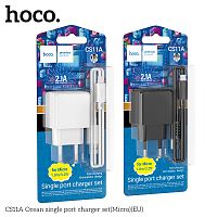 Блок питания сетевой 1 USB HOCO CS11A Ocean, 2.1А, кабель USB - микро USB, цвет: белый (1/28/168) (6942007603591)