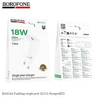 Блок питания сетевой 1 USB Borofone BA102A Pudding, пластик, PD18Вт, QC3.0, цвет: белый (1/20/120) (6941991124051)