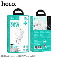 Блок питания сетевой 1 Type-C HOCO N62 Gentle, 3.0A, PD30Вт, цвет: белый (1/12/120) (6942007644303)