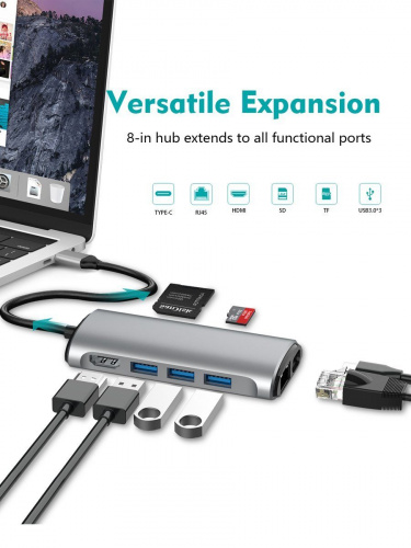 Кабель-адаптер USB3.1 Type-CM-->HDMI 4K*60Hz +3USB3.0+RJ45+TF+SD+PD charging  VCOM <CU463> фото 4