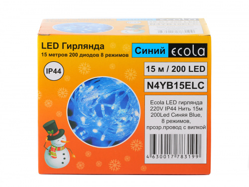 Гирлянда светодиодная ECOLA 220V IP44 Нить 15м 200Led Синяя Blue, 8 режимов, прозр.провод с вилкой (1/30) (N4YB15ELC) фото 8