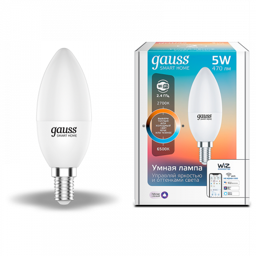 Лампа светодиодная GAUSS Smart Home, Wi-Fi и голосовое управление, програм-ние режимов, диммер, DIM+CCT E14 C37 5 Вт 1/10/100 (1110112) Лампа светодиодная GAUSS Smart Home, Wi-Fi и голосовое управление, програм-ние режимов, диммер, DIM+CCT E14 C37 5 Вт 1/10/100 (1110112)