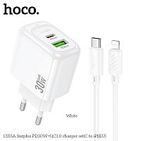 Блок питания сетевой 1 USB, 1 Type-C HOCO CS55A Surplus, 3.0A, PD30Вт, кабель Type-C - 8 pin, цвет: белый (1/28/168) (6942007631556)