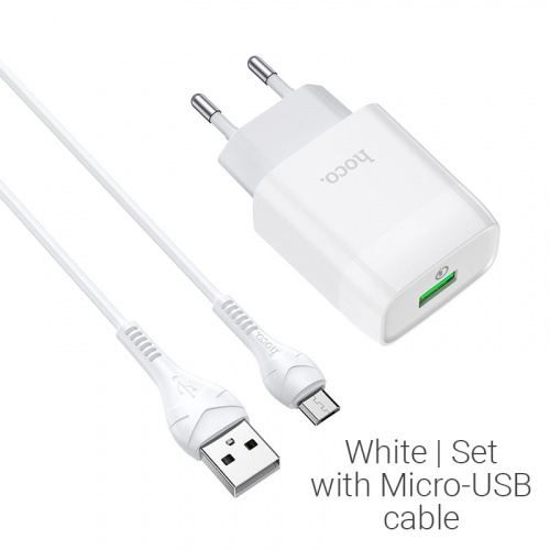 Блок питания сетевой 1 USB HOCO C72Q, Glorious, 3A, пластик, QC3.0, кабель микро USB, цвет: белый (1/30/180) (6931474732538)