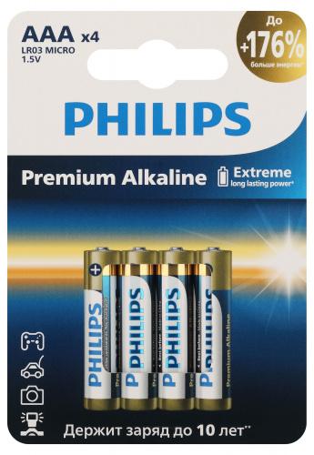 Элемент питания PHILIPS LR03M4W/51 ААА алкалин 1,5v LR03 4BL Premium (4/48/144/25920) (Б0069086) фото 3