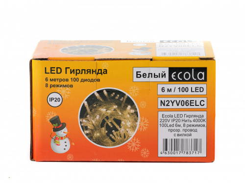 Гирлянда светодиодная ECOLA 220V IP20 Нить 6м 100Led 4000K, 8 режимов, прозр.провод с вилкой (1/30) (N2YV06ELC) фото 6