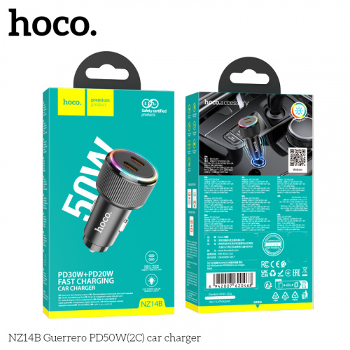 Блок питания автомобильный 2 Type-C HOCO NZ14B Guerrero, 3000mA, пластик, QC3.0, PD20Вт, цвет: чёрный (1/12/120) (6942007620468)