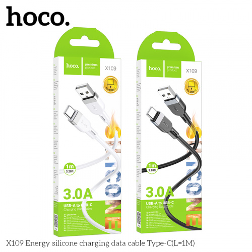 Кабель USB - Type-C HOCO X109 Energy, 1.0м, круглый, 3.0А, силикон, цвет: белый (1/31/310) (6942007636254)