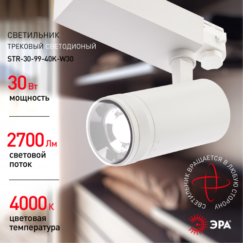 Светильник ЭРА трековый трехфазный STR-30-99-40K-W30 регулируемый луч 4000K белый (1/20) (Б0049785) фото 8