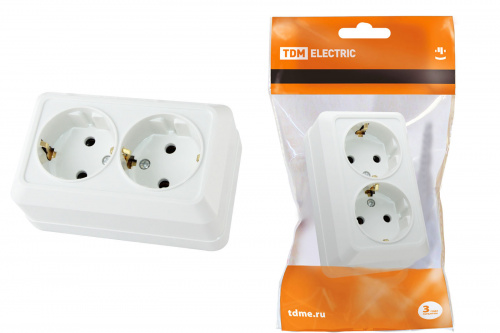 Розетка двойная 2П+3 открытой установки IP20 16А, белая "Ладога" TDM (1/200) (SQ1801-0019)