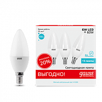 Лампа светодиодная GAUSS Elementary Свеча 6W 450lm 4100K E14 (3 лампы в упаковке) 1/40 (33126T)