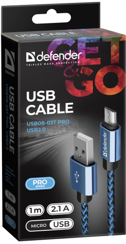 Кабель DEFENDER USB08-03T PRO USB2.0, синий, AM-MicroBM, 1m, 2.1A (1/100) (87805) фото 7