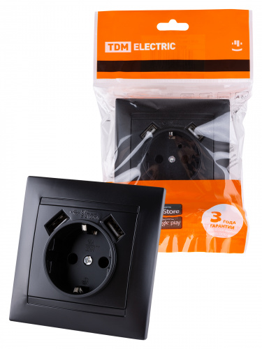 Розетка 2П+З 16А 250В + 2 USB порта 2,1А 5В графит с/у, "Лама" (1/96) TDM (SQ1815-0642) Розетка 2П+З 16А 250В + 2 USB порта 2,1А 5В графит с/у, "Лама" (1/96) TDM (SQ1815-0642)