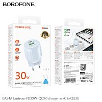 Блок питания сетевой 1 USB, 1 Type-C Borofone BA94A Lustrous, пластик, PD30Вт, QC3.0, кабель Type-C - Type-C, цвет: синий (1/30/120) (6941991120039)