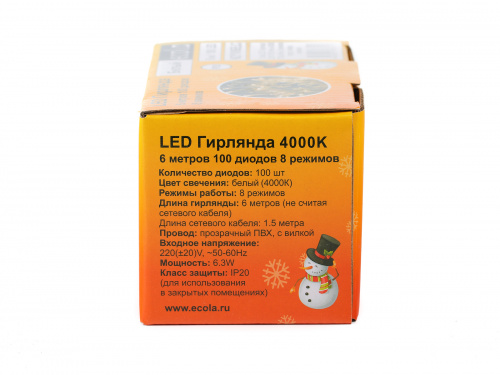 Гирлянда светодиодная ECOLA 220V IP20 Нить 6м 100Led 4000K, 8 режимов, прозр.провод с вилкой (1/30) (N2YV06ELC) фото 8