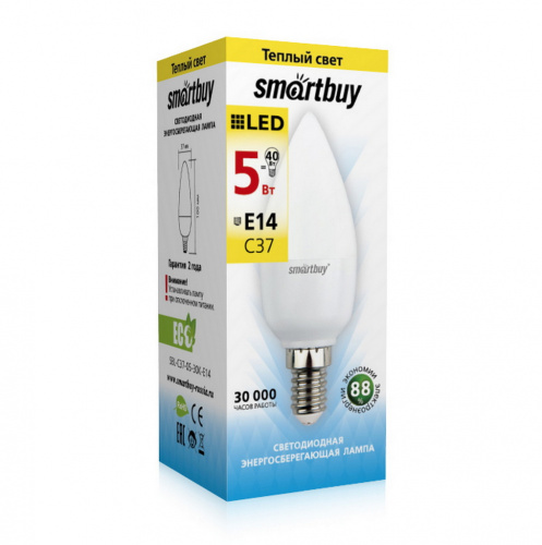 Лампа светодиодная SMARTBUY C37 5Вт 220V 3000K E14 (свеча, теплый свет) (10/100) (SBL-C37-05-30K-E14)