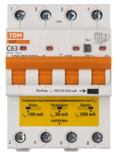Диф.автомат АД4P 4Р С63 30-100-300мА 6кА тип АС TDM (1/24) (SQ0204-0635) фото 6 Диф.автомат АД4P 4Р С63 30-100-300мА 6кА тип АС TDM (1/24) (SQ0204-0635) фото 6